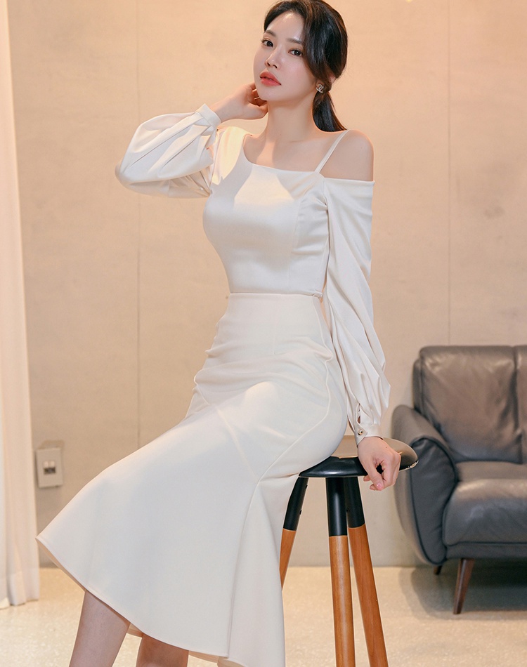 Spring pinched waist tops mermaid Korean style dress 2pcs set