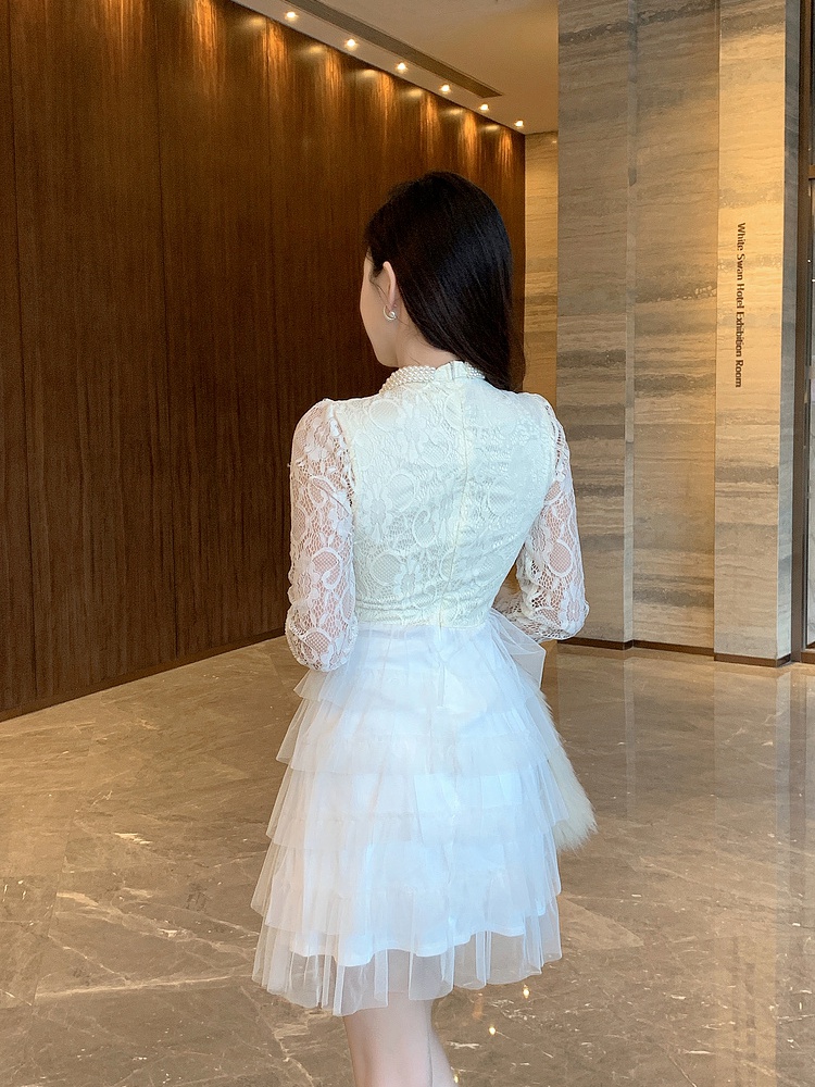Lace gauze bottoming hollow enticement beading dress