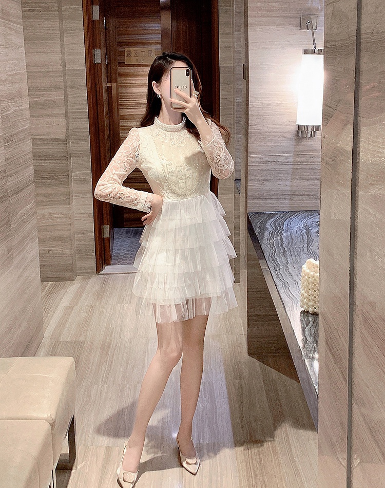 Lace gauze bottoming hollow enticement beading dress