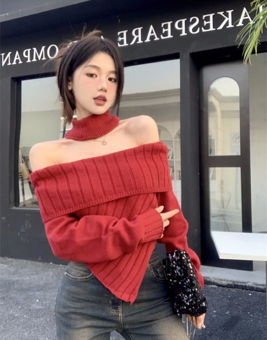 Irregular strapless tops short red sweater