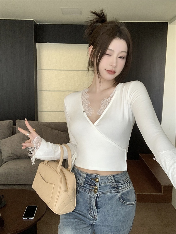 Short bandage unique bottoming shirt lace spring and summer tops