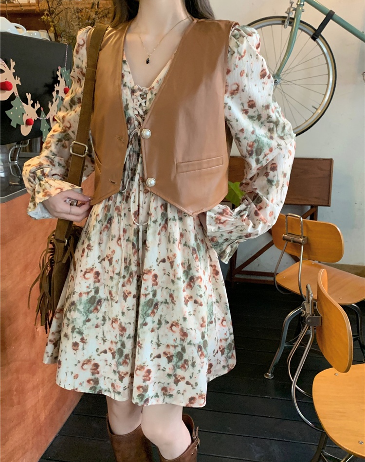 V-neck spring waistcoat floral dress 2pcs set