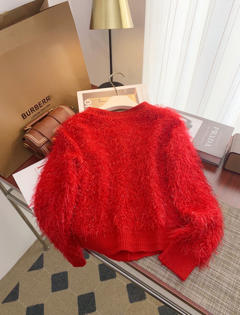 Knitted spring retro coat red temperament hairy sweater