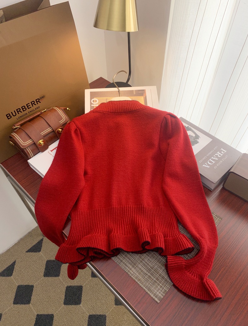 Short red tops lotus leaf edges sweet sweater for women