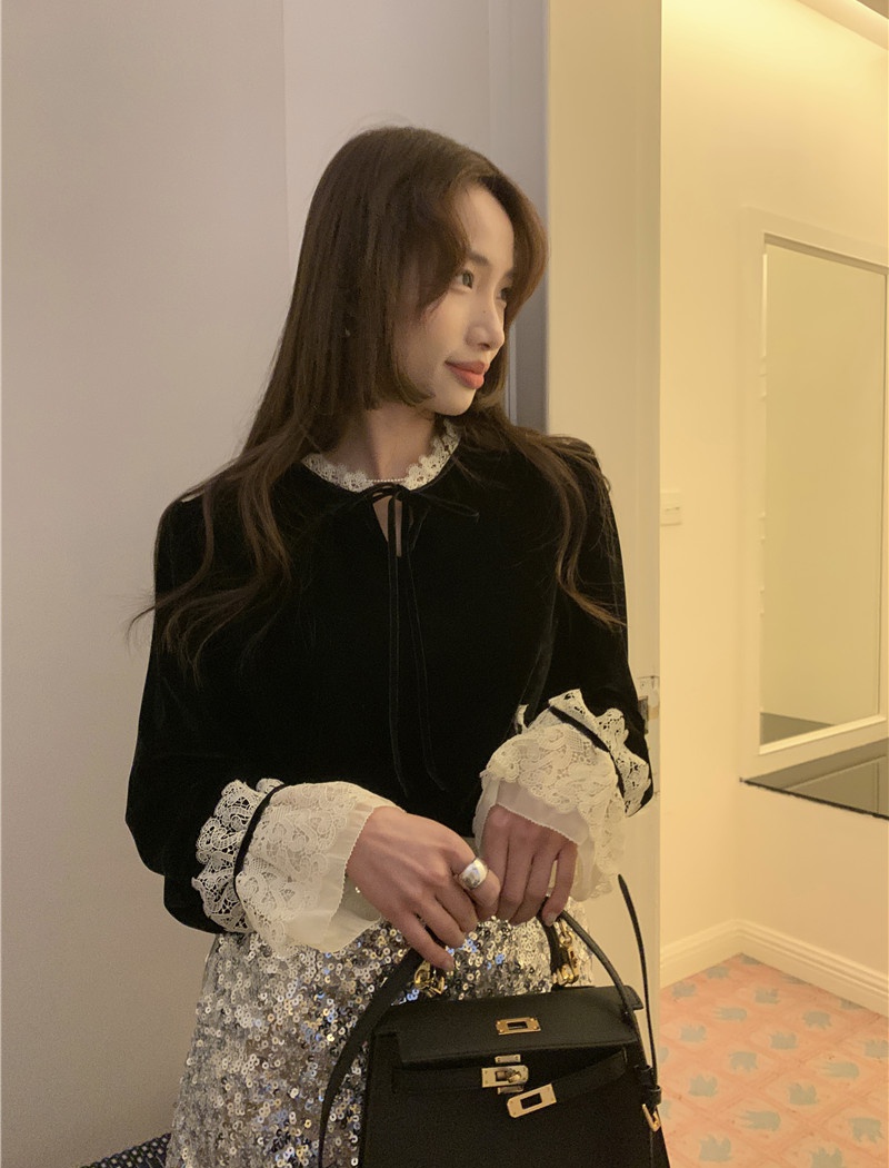 Black silk long sleeve splice Korean style retro shirt