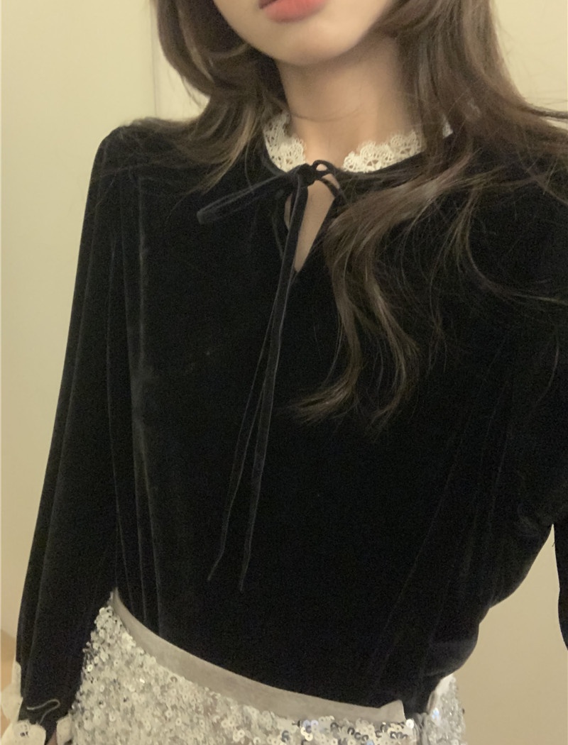 Black silk long sleeve splice Korean style retro shirt