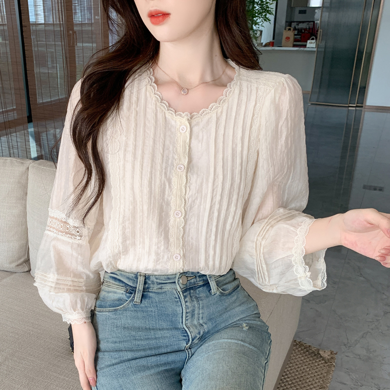 Lace loose tops spring round neck shirt for women