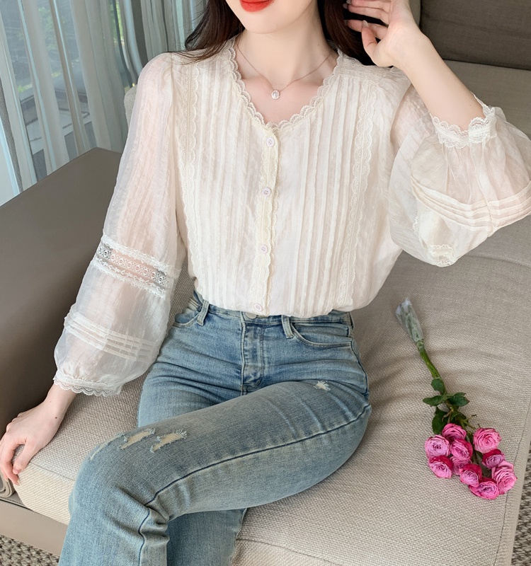Lace loose tops spring round neck shirt for women