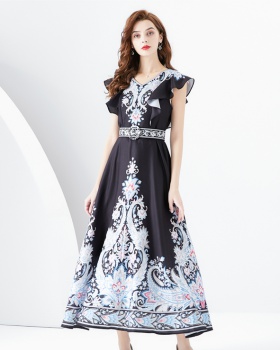Printing court style long boats sleeve spring dress