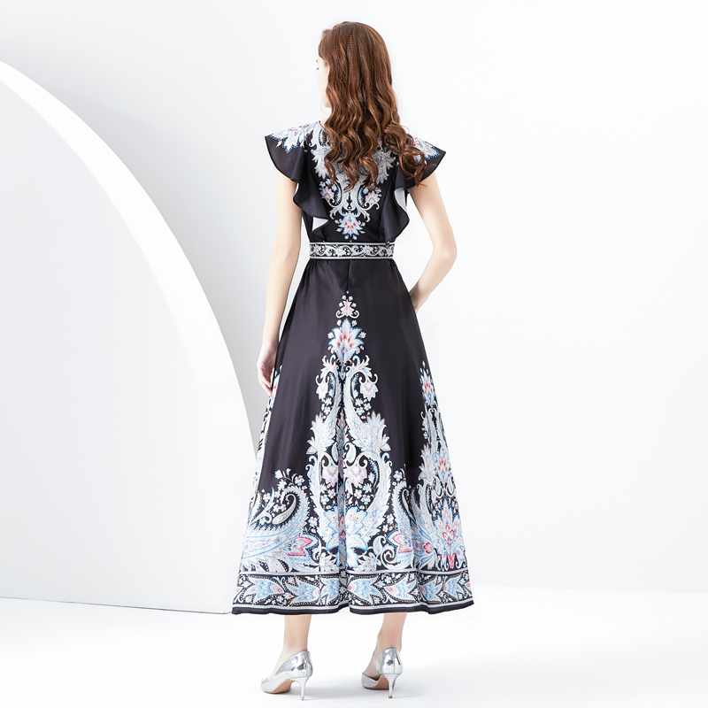 Printing court style long boats sleeve spring dress