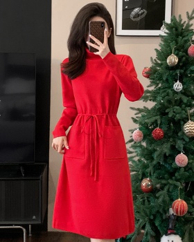 High collar knitted sweater dress exceed knee dress for women