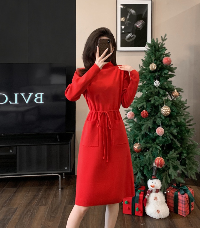 High collar knitted sweater dress exceed knee dress for women