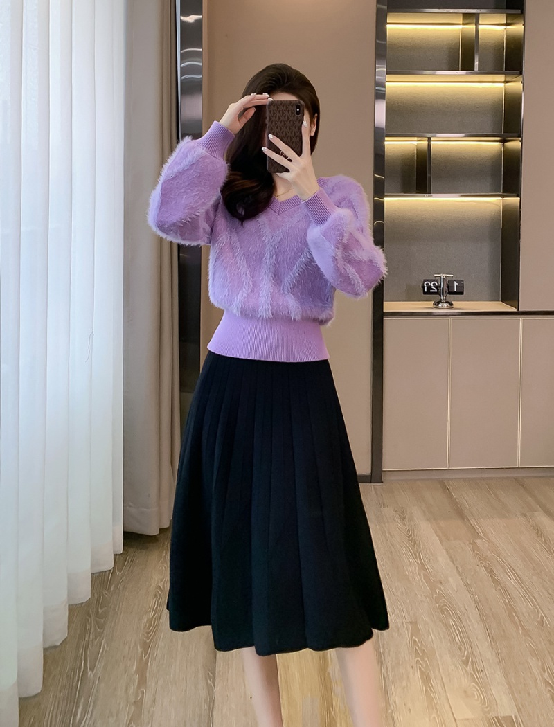 Simple pinched waist Casual skirt 2pcs set for women