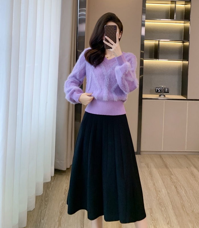 Simple pinched waist Casual skirt 2pcs set for women