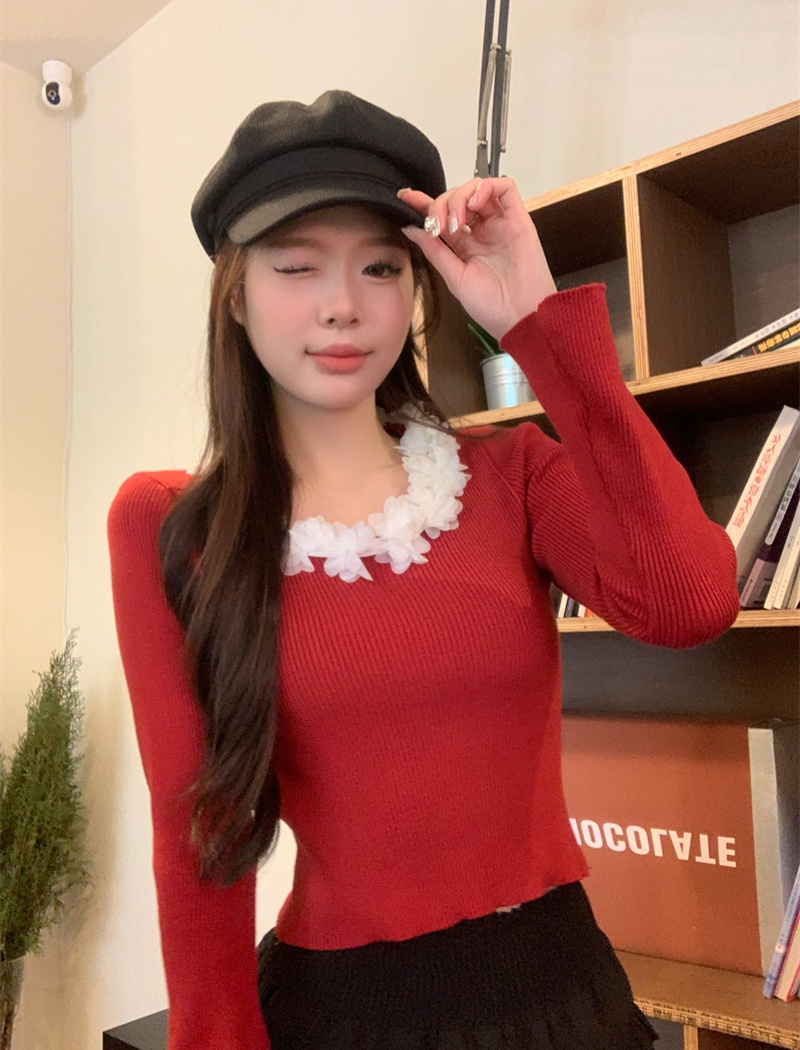 Red lace bottoming shirt short sweater for women