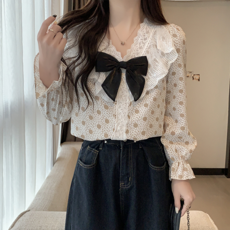 Western style polka dot tops bow chiffon shirt for women