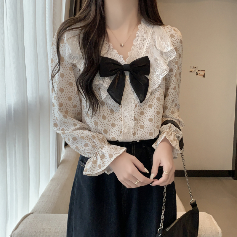 Western style polka dot tops bow chiffon shirt for women