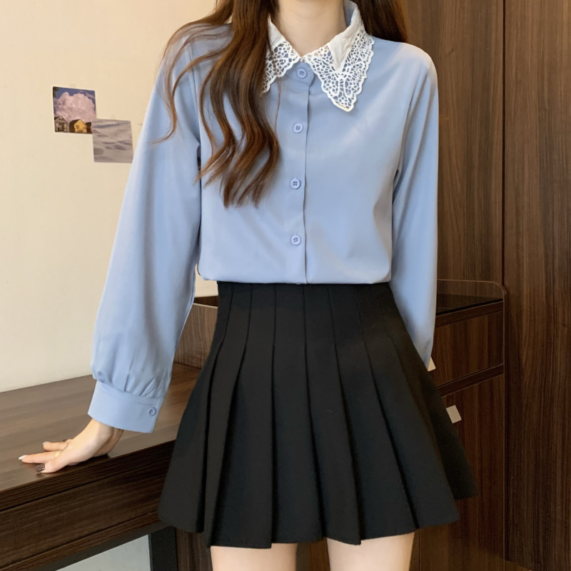 Blue lace collar tops Korean style shirt for women