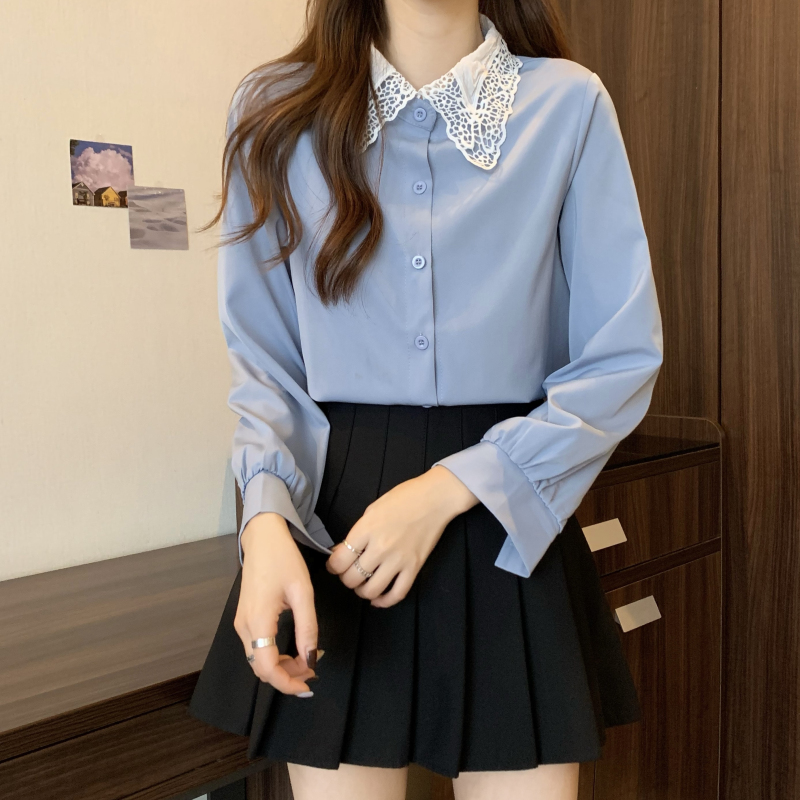 Blue lace collar tops Korean style shirt for women