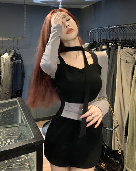 Slim sexy splice spicegirl long sleeve black dress