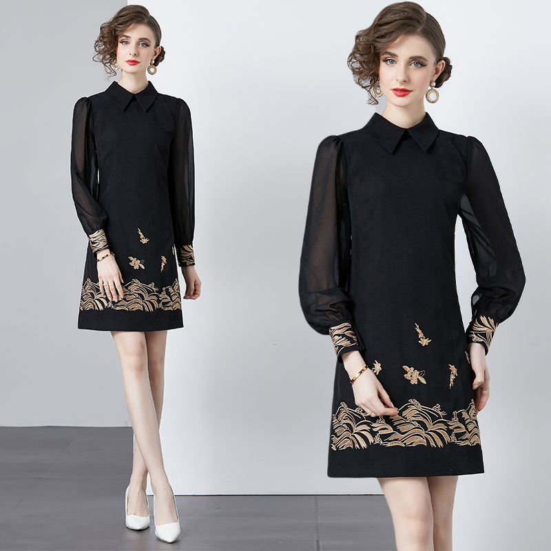 Embroidery splice fashion gold line dress for women