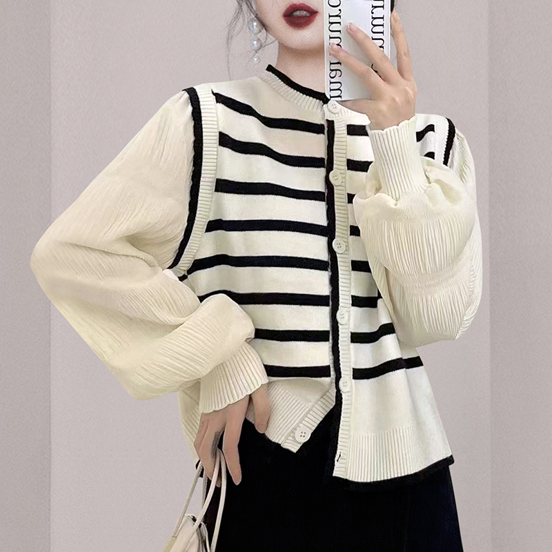 Knitted stitching single-breasted stripe tops