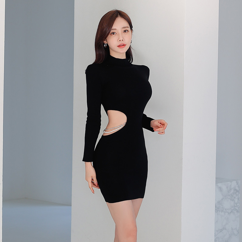High collar long sleeve necklace Korean style hollow dress