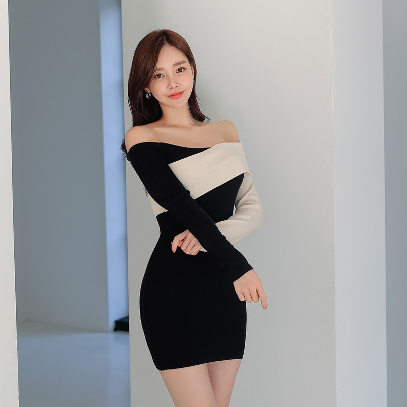 Spring horizontal collar cross wrapped chest dress