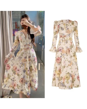 Printing long autumn big skirt V-neck dress