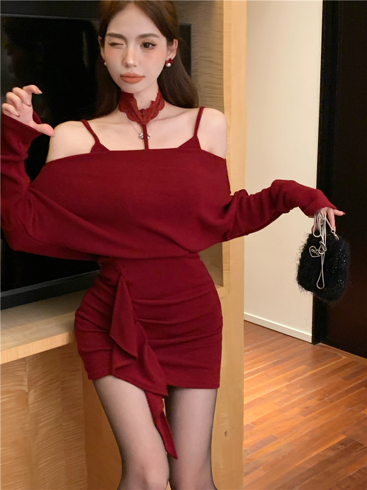 Slim temperament enticement knitted package hip red dress
