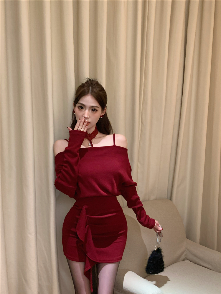Slim temperament enticement knitted package hip red dress