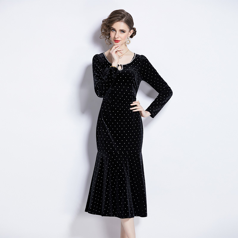 Hepburn style beading long dress mermaid France style dress