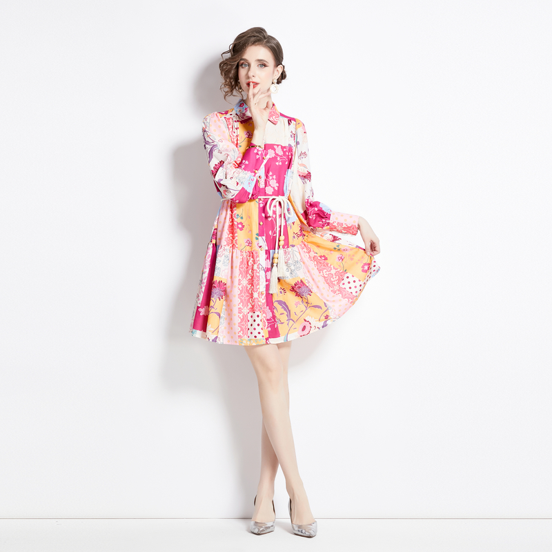 Printing fashion high waist A-line lantern sleeve dress