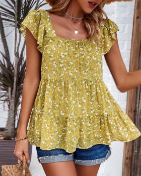 Floral Casual spring and summer square collar tops