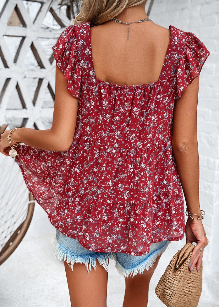 Floral Casual spring and summer square collar tops