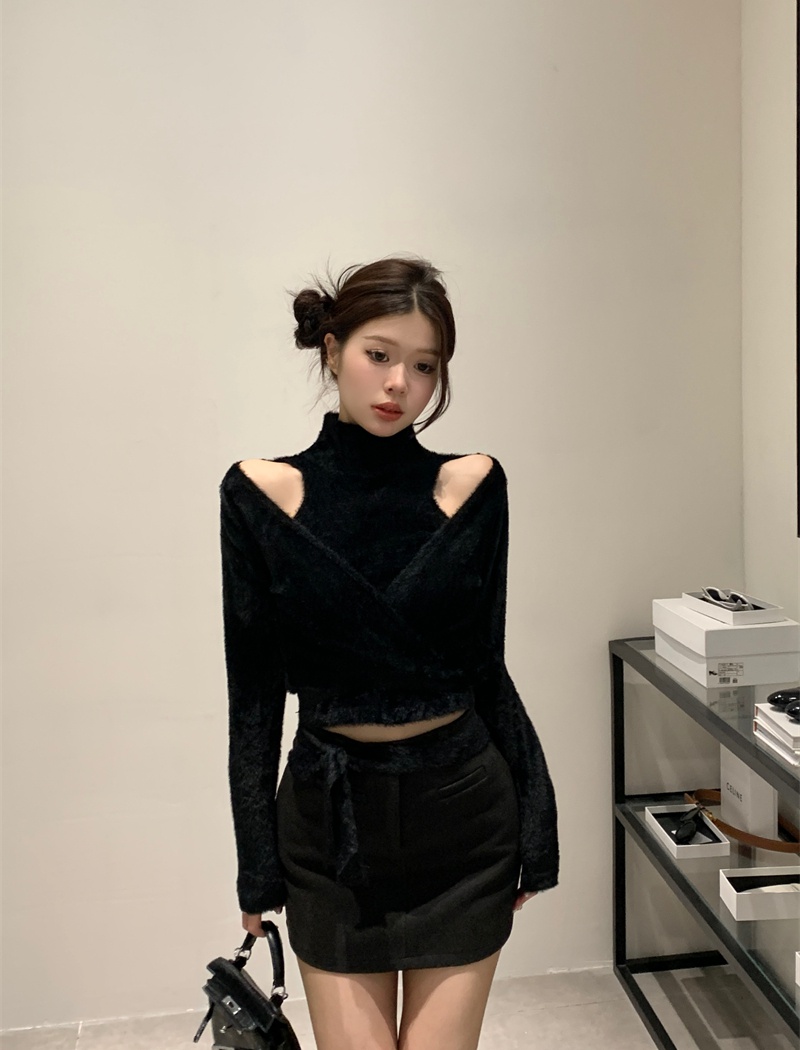 Short all-match high collar sweater Korean style slim hollow tops