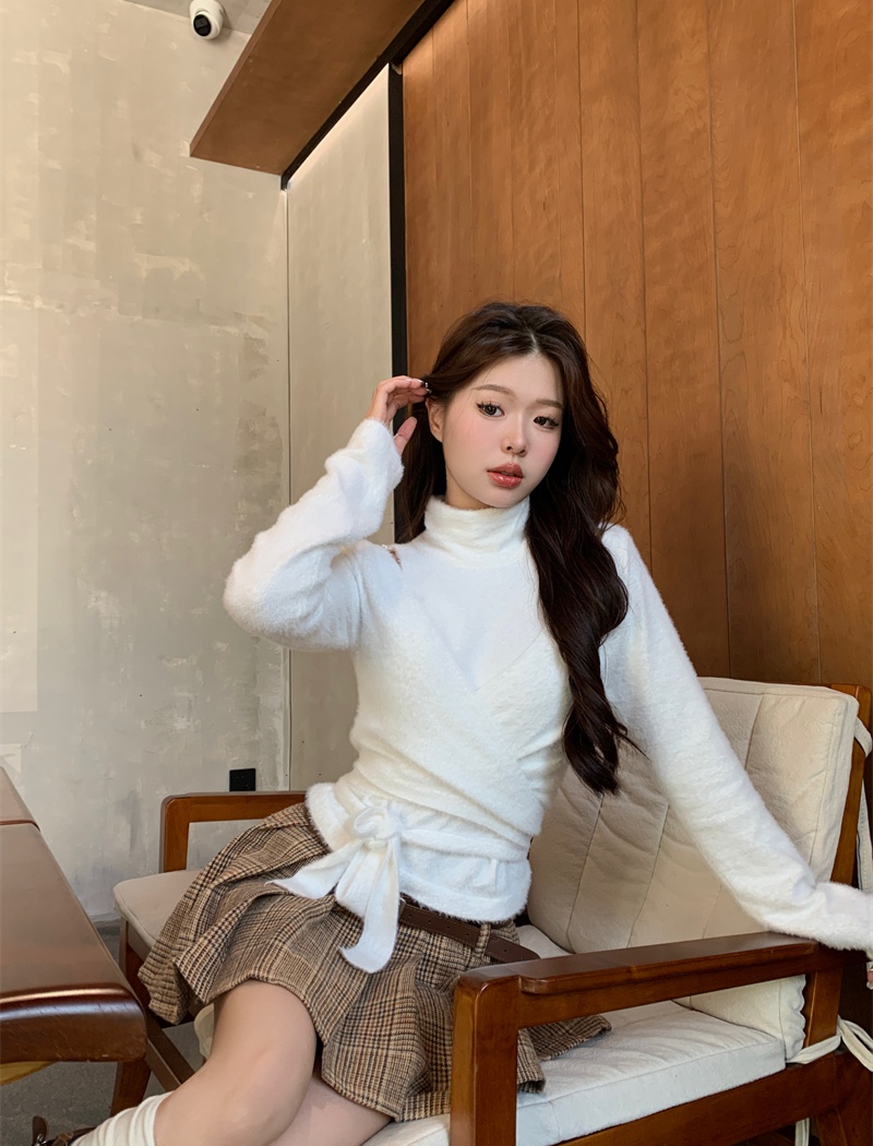 Short all-match high collar sweater Korean style slim hollow tops