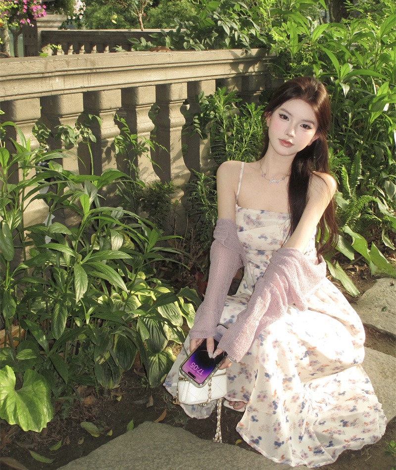 Dream sling floral dress retro romantic blooming cardigan