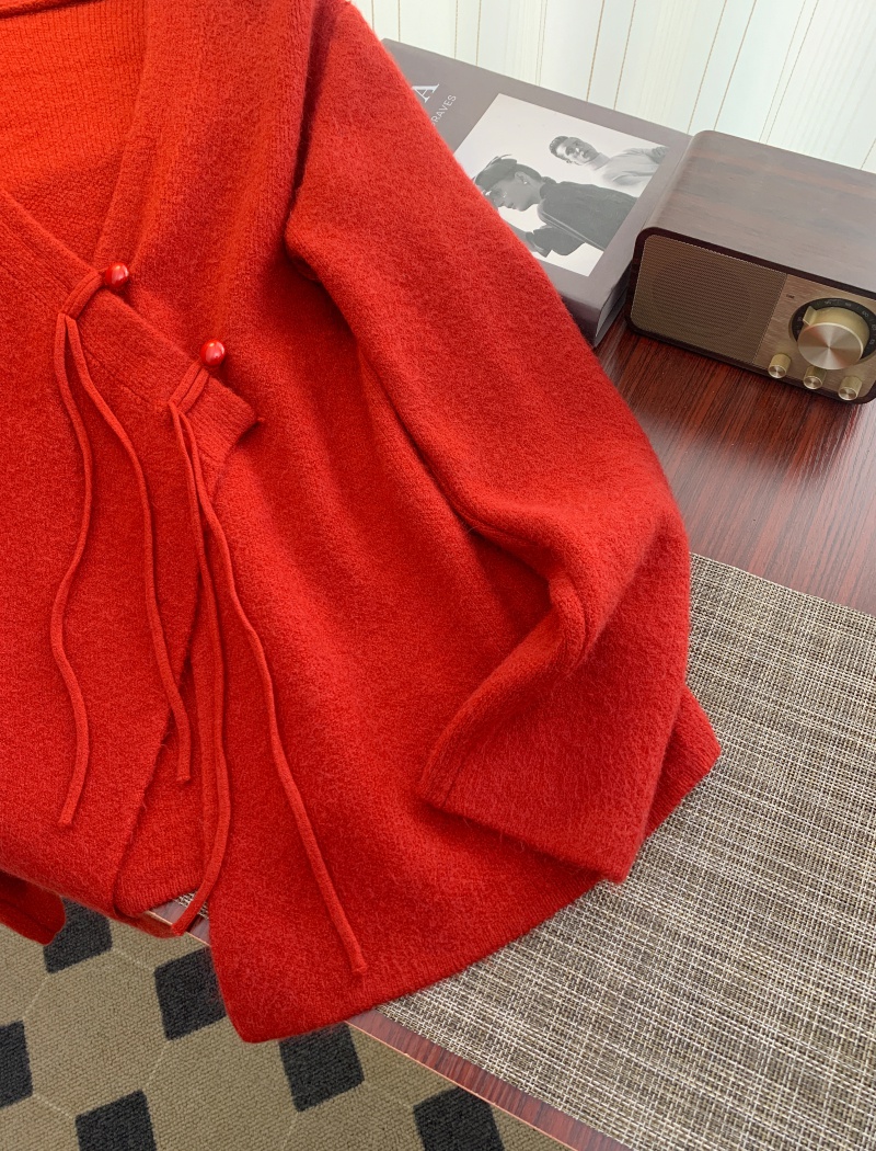 Long sleeve Chinese style sweater red cardigan for women