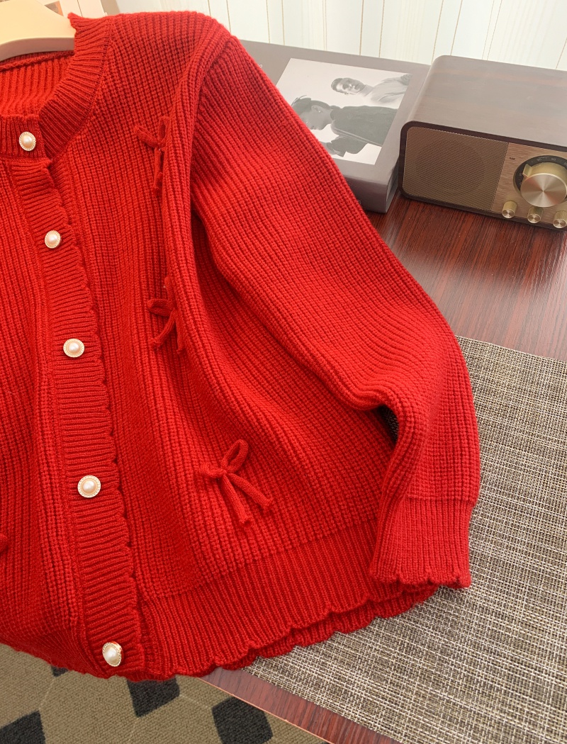 Show young knitted sweater round neck cardigan for women