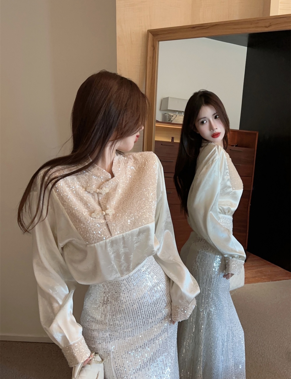 Long Chinese style skirt stitching shirt 2pcs set