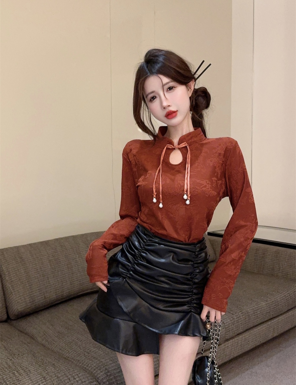 Western style leather skirt T-shirt 2pcs set for women