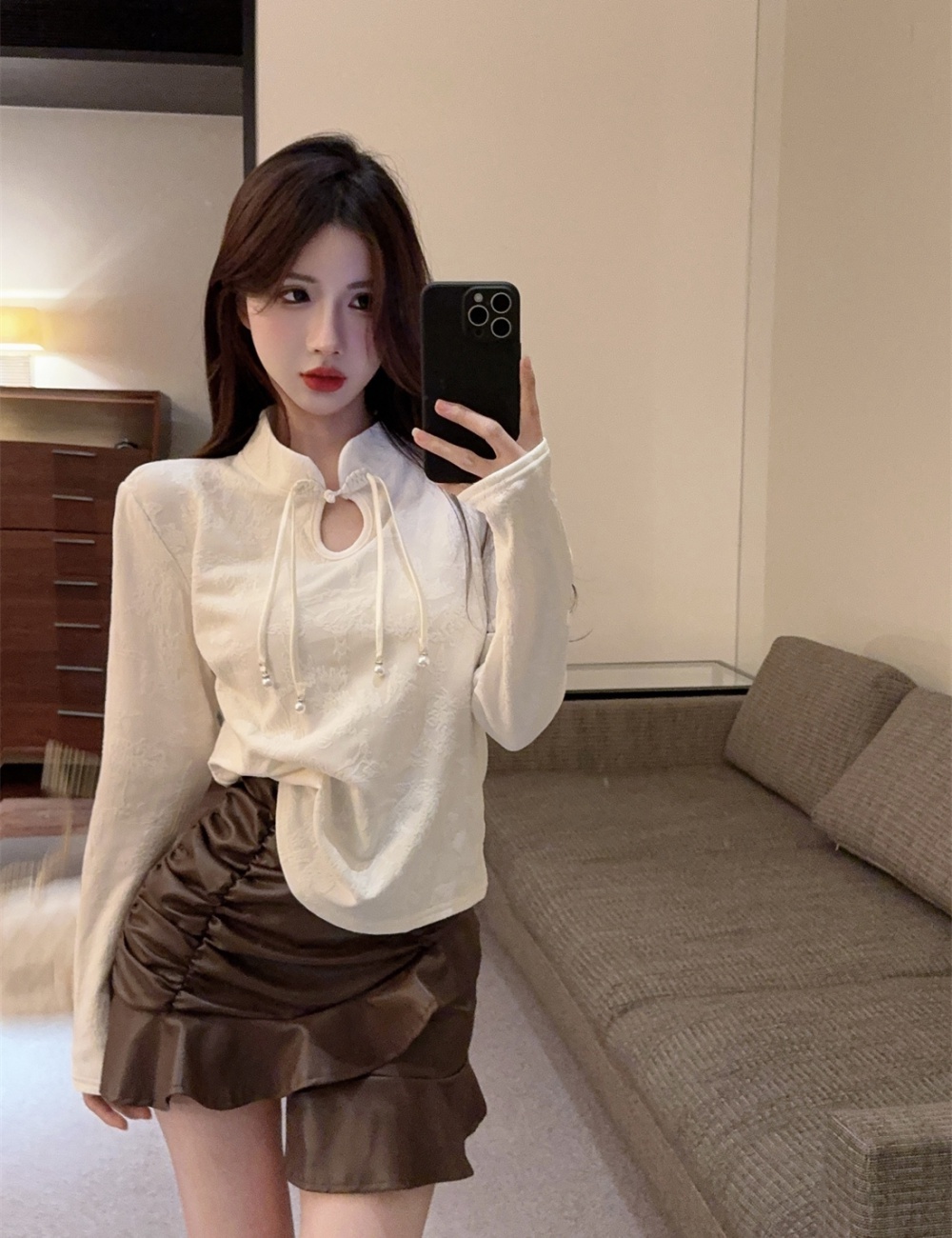 Western style leather skirt T-shirt 2pcs set for women