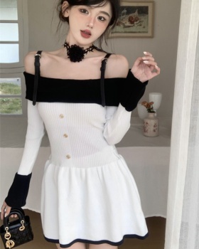 Chanelstyle sling long sleeve spring flat shoulder dress