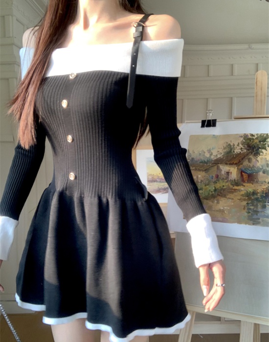 Chanelstyle sling long sleeve spring flat shoulder dress