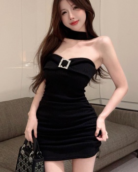 Black sexy halter wrapped chest dress