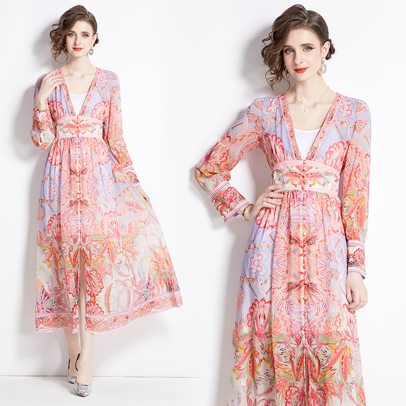 Long sleeve vacation spring printing pinched waist dress