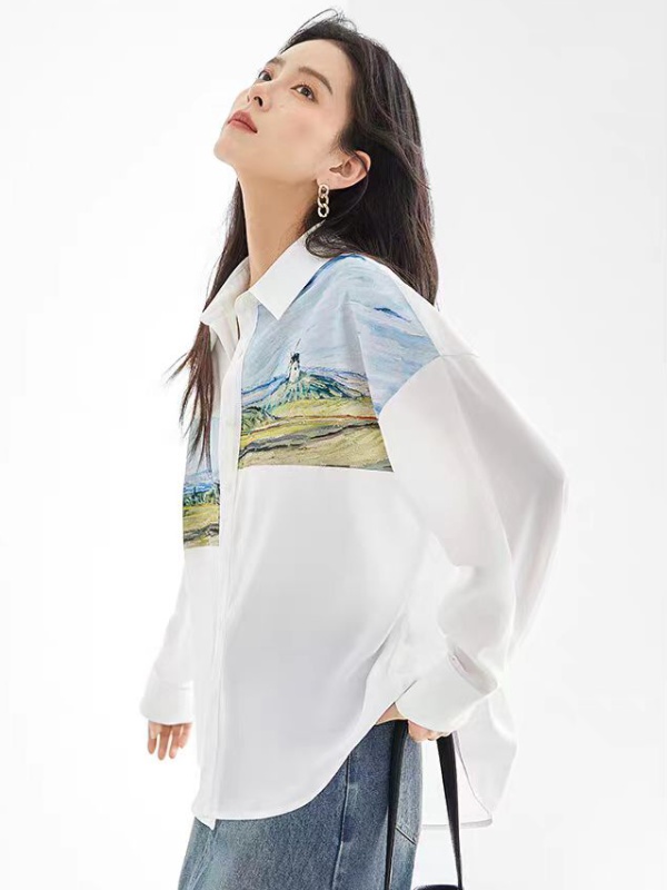Temperament printing France style white shirt for women