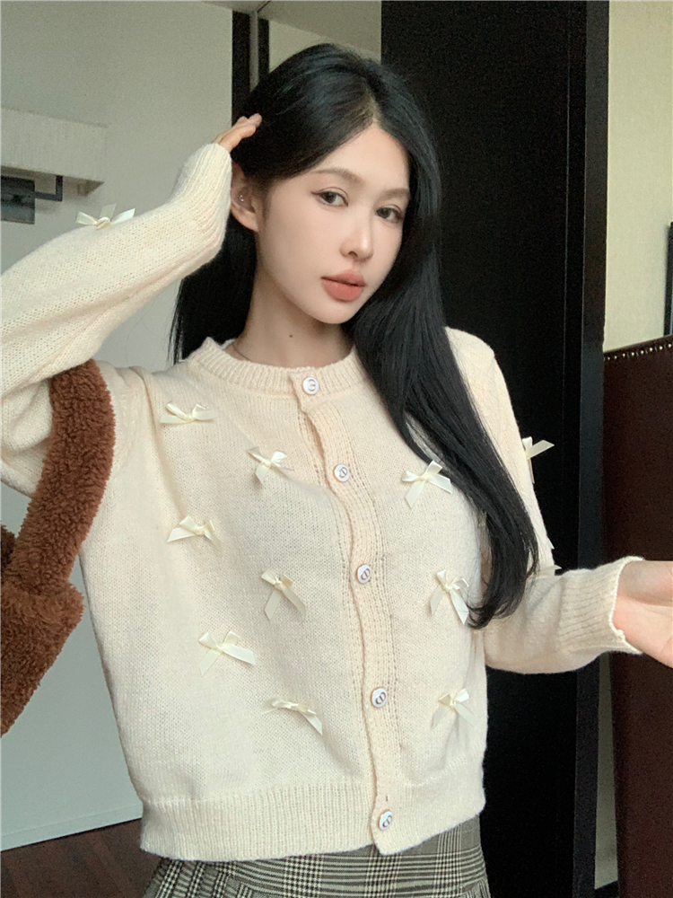 Knitted chanelstyle sweater bow short tops