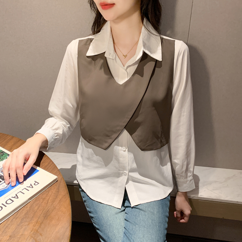 Slim splice shirt Pseudo-two tops for women